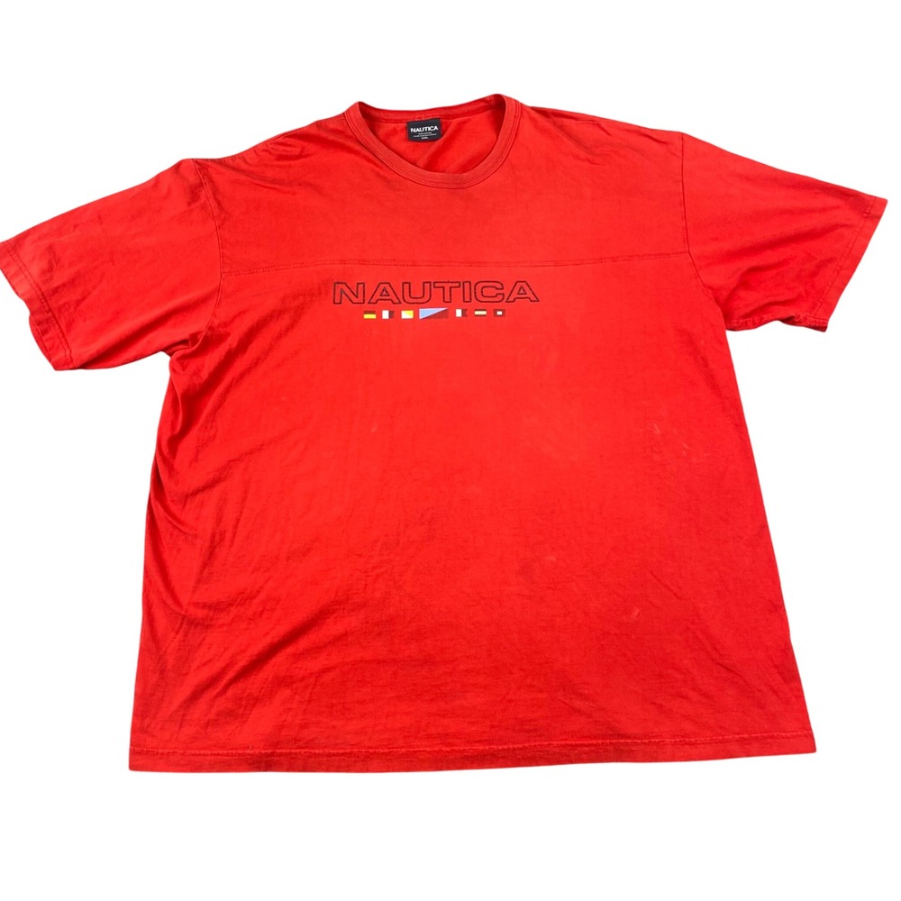 Vintage Nautica T Shirt Mens XXL Red Spell Out Sailing Flags Logo 100 Cotton